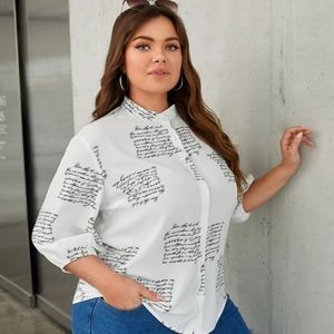 White and Black Slogan Blouse